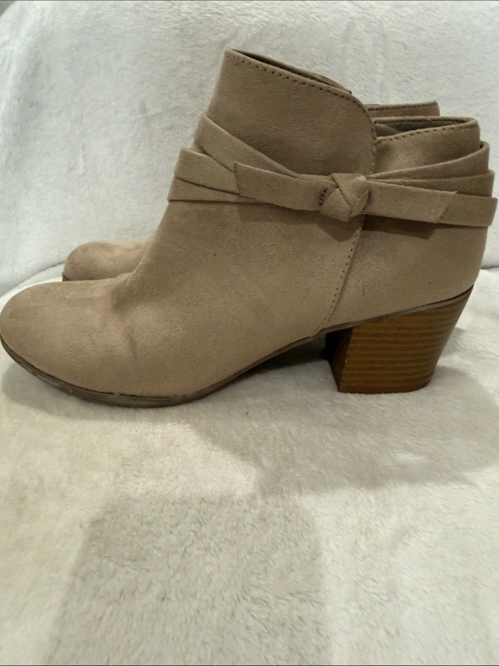 Indigo Light Taupe Suede Ankle Booties with Knot Strap